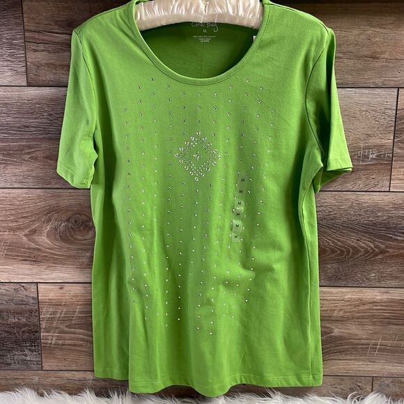 CORAL BAY Ladies Scoop Neck Rhinestones Top, Size Medium Bright Green NWT - Picture 2 of 9
